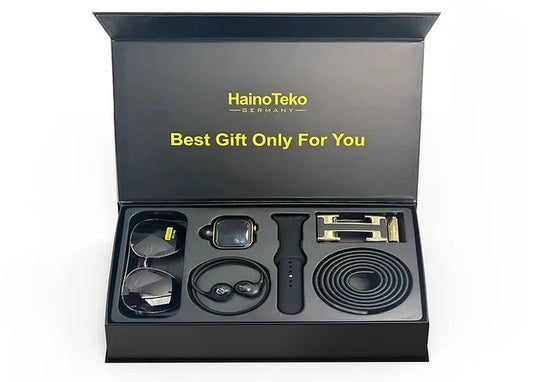 Executive Essentials: Set Haino Teko GP9 - Relojes Inteligentes con Cargador Inalámbrico, Billetera y Cinturón de Cuero para Hombre, en Elegante Caja de Regalo con Bolígrafo